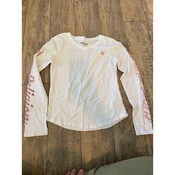True Religion Girls White Long Sleeve Distorted Logo T-Shirt Size Large - Picture 2 of 7